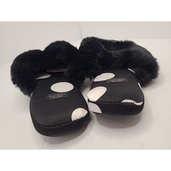 Victorias Secret Slippers Shoes  Size 5/6 Satin Faux Fur Trim Polka Dot - Picture 5 of 9